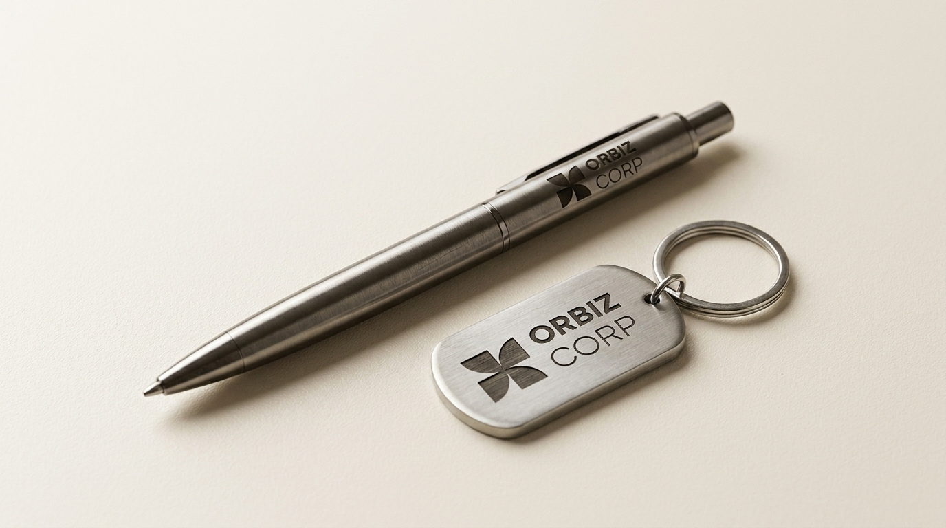Orbiz Corp branding laser engraved on a metal pen and keychain